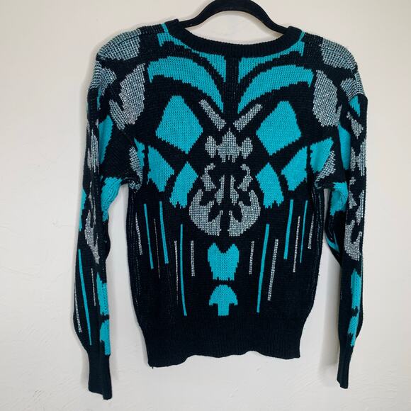 Vintage 90s Black Turquoise Sweater with Silver Sequin Details Sz Medium - Picture 6 of 7